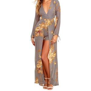 NWT Lulus Fine and Dandelion Grey Floral Print Romper Women Large Sheer Boho